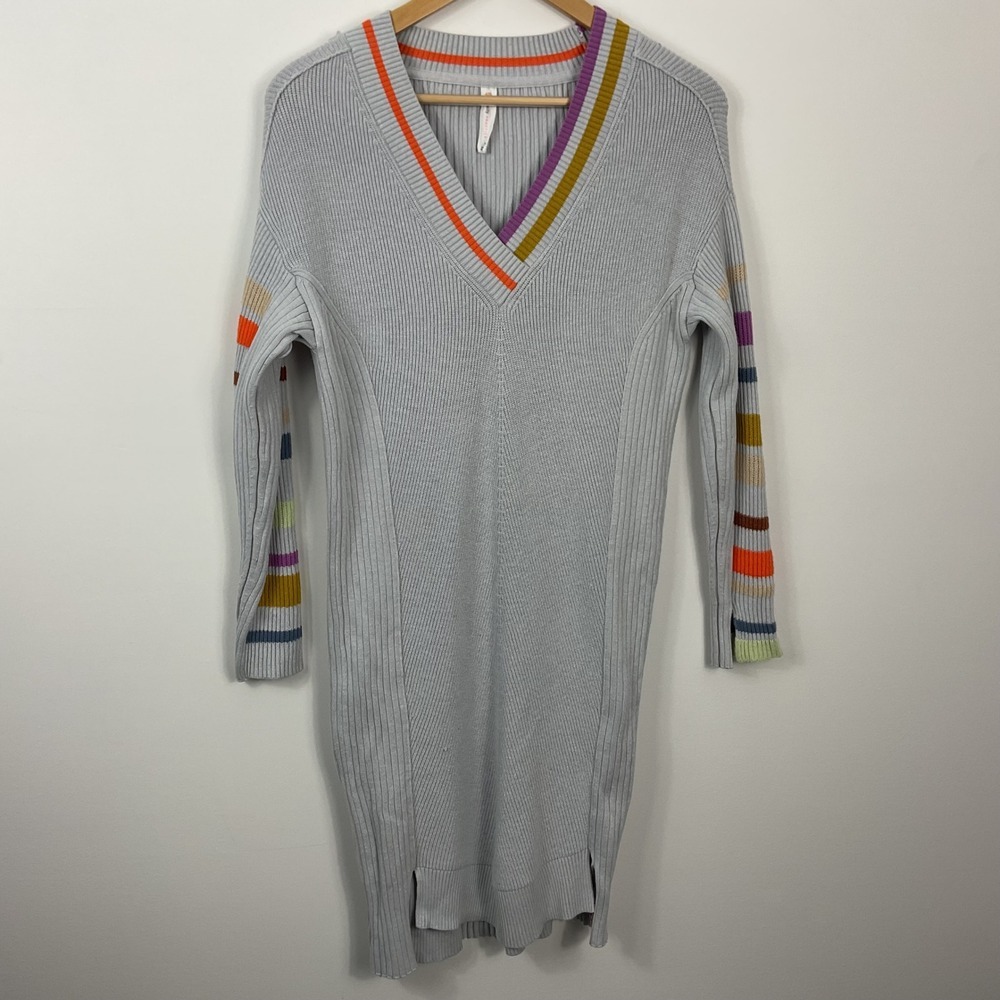 Daily Practice Ribbed V Neck Long Sleeve Striped Sweater Dress Light Gray Size S